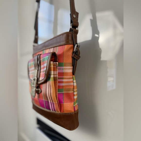 REDUCED!! Chaps Ralph Lauren Traveler Orange Avalon Madras Crossbody Sling Bag - Picture 9 of 12